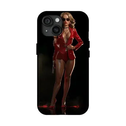 Red Suit Armed Woman Dark Background Art