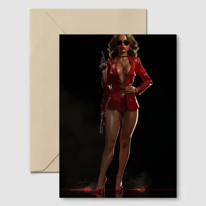 Red Suit Armed Woman Dark Background Art