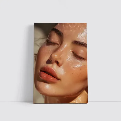 Close Up Woman Face Glowing Wet Skin