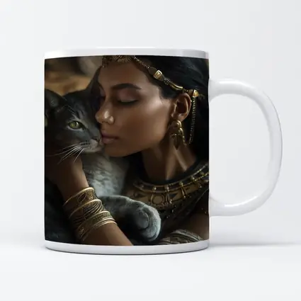 Egyptian Woman With Gray Cat Gold Jewelry