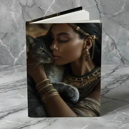 Egyptian Woman With Gray Cat Gold Jewelry