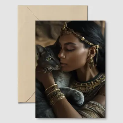 Egyptian Woman With Gray Cat Gold Jewelry