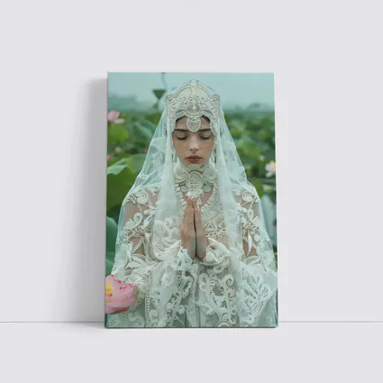 Woman Praying White Lace Veil Lotus Field