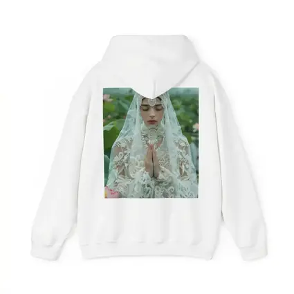 Woman Praying White Lace Veil Lotus Field