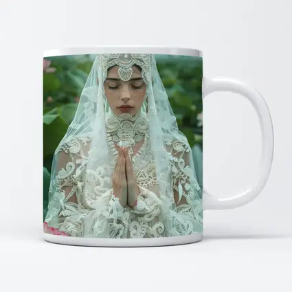 Woman Praying White Lace Veil Lotus Field