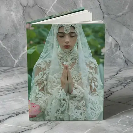 Woman Praying White Lace Veil Lotus Field