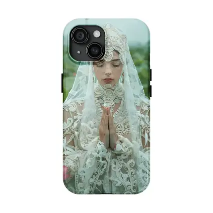 Woman Praying White Lace Veil Lotus Field