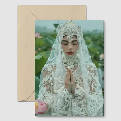 Woman Praying White Lace Veil Lotus Field