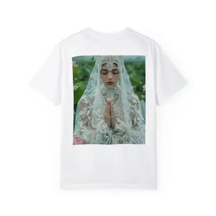 Woman Praying White Lace Veil Lotus Field
