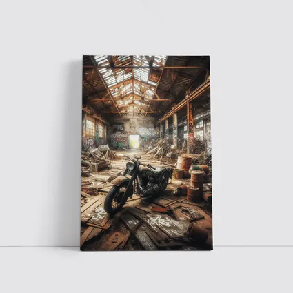 Vintage Motorcycle Abandoned Industrial Warehouse Scene
