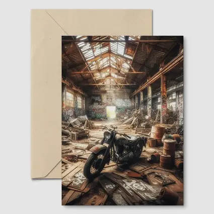 Vintage Motorcycle Abandoned Industrial Warehouse Scene