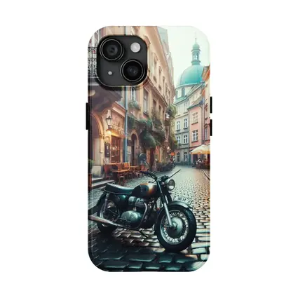 Vintage Cafe Racer Motorcycle Cobblestone European Street