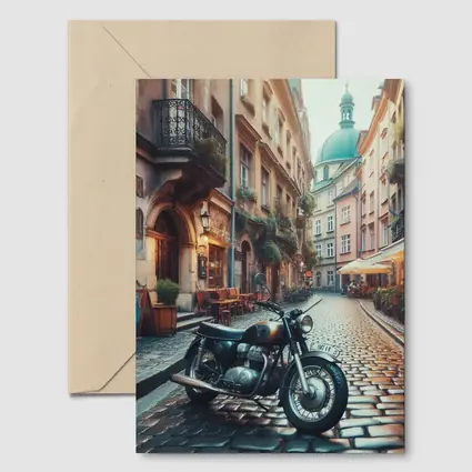 Vintage Cafe Racer Motorcycle Cobblestone European Street