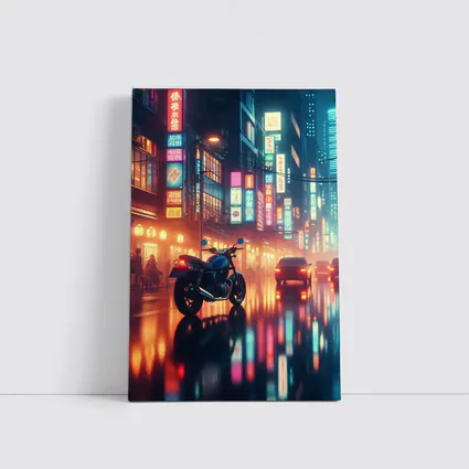 Cafe Racer Motorcycle Neon City Night Rain