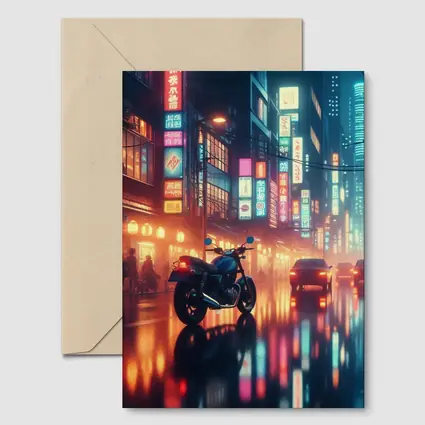 Cafe Racer Motorcycle Neon City Night Rain