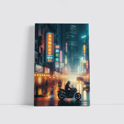 Neon City Street Rainy Night Motorcycle