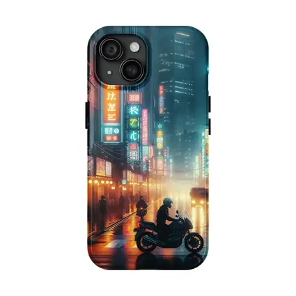 Neon City Street Rainy Night Motorcycle