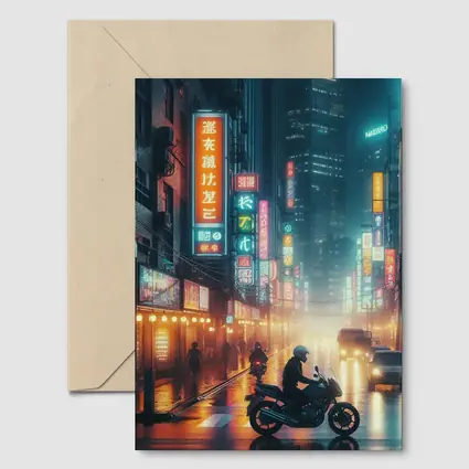 Neon City Street Rainy Night Motorcycle