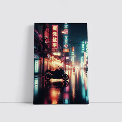 Motorcycle Parked Rainy Asian Neon City Street
