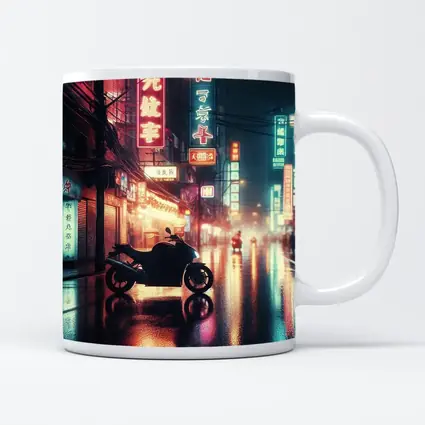 Motorcycle Parked Rainy Asian Neon City Street