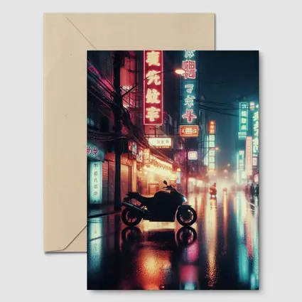 Motorcycle Parked Rainy Asian Neon City Street
