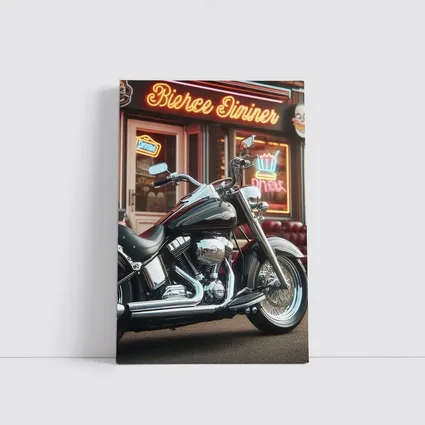 Harley Davidson Chopper Outside Neon Diner