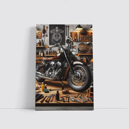Black Chopper Motorcycle in Vintage Garage