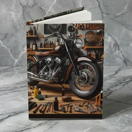 Black Chopper Motorcycle in Vintage Garage