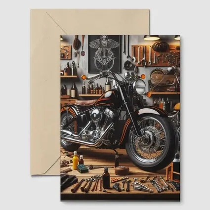 Black Chopper Motorcycle in Vintage Garage