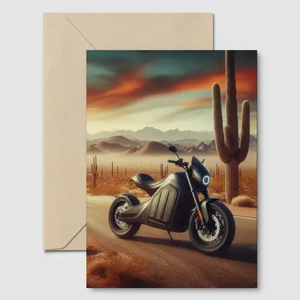 Electric Motorcycle Parked Desert Road Sunset
