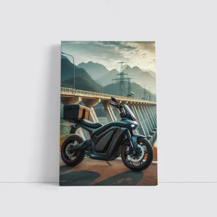Electric Motorcycle Parked Near Mountain Bridge