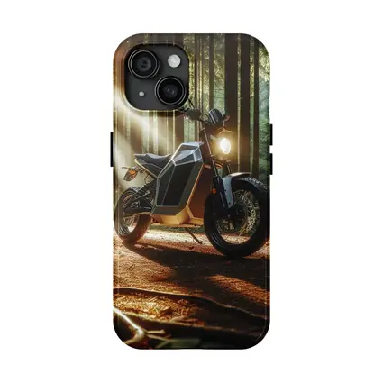 Electric Motorcycle Parked In Sunlit Forest
