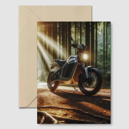 Electric Motorcycle Parked In Sunlit Forest
