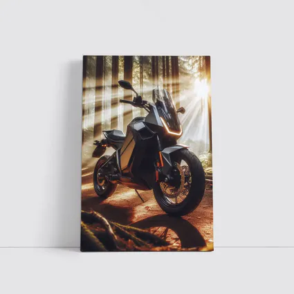 Electric Adventure Motorcycle Glowing Forest Sunlight