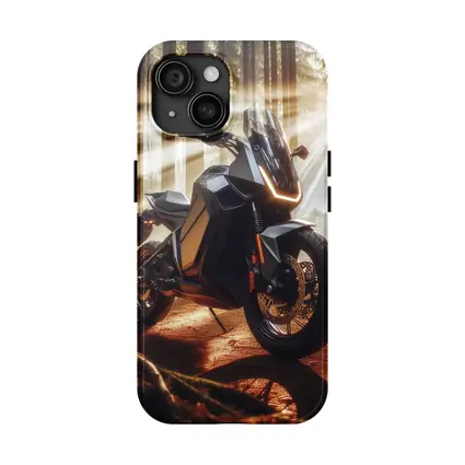 Electric Adventure Motorcycle Glowing Forest Sunlight