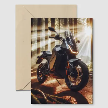 Electric Adventure Motorcycle Glowing Forest Sunlight