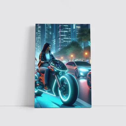 Futuristic Woman Riding Neon Motorcycle City Night