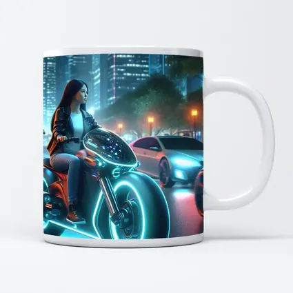 Futuristic Woman Riding Neon Motorcycle City Night