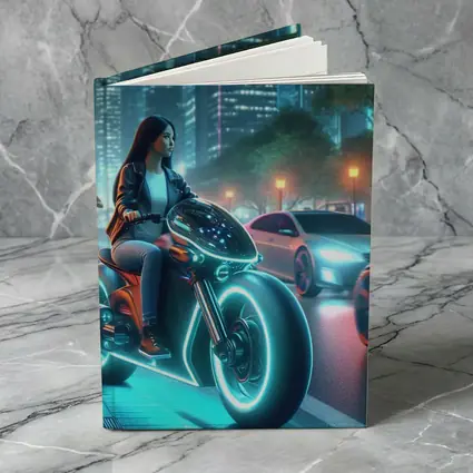 Futuristic Woman Riding Neon Motorcycle City Night