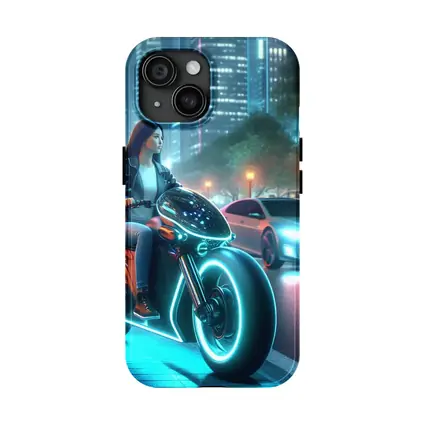 Futuristic Woman Riding Neon Motorcycle City Night