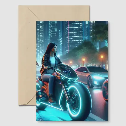 Futuristic Woman Riding Neon Motorcycle City Night
