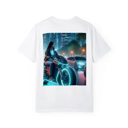 Futuristic Woman Riding Neon Motorcycle City Night