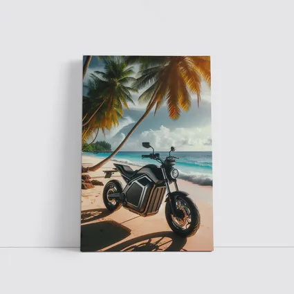 Electric Motorcycle Parked on Tropical Beach