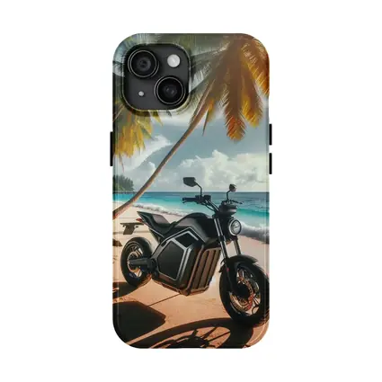 Electric Motorcycle Parked on Tropical Beach
