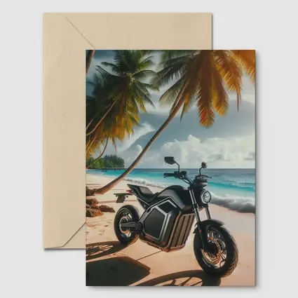 Electric Motorcycle Parked on Tropical Beach