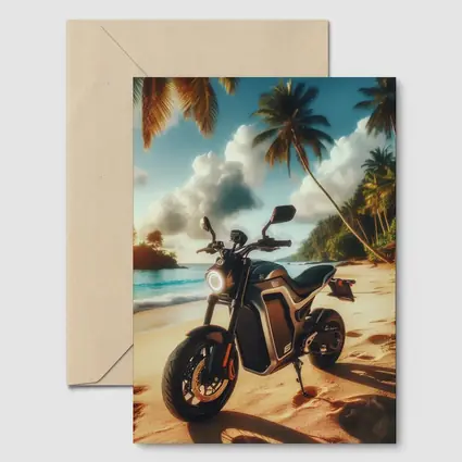 Electric Motorcycle Parked On Tropical Beach