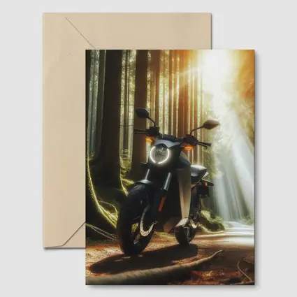 Electric Motorcycle Parked In Sunlit Forest