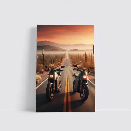 Two Electric Motorcycles Desert Sunset Road