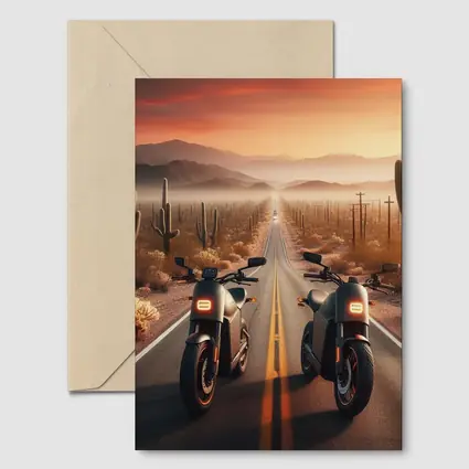 Two Electric Motorcycles Desert Sunset Road