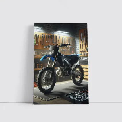 Blue Dirt Bike Parked Inside Mechanic Garage